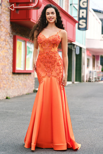 Orange Mermaid Corset Spaghetti Straps Beaded Long Formal Dress
